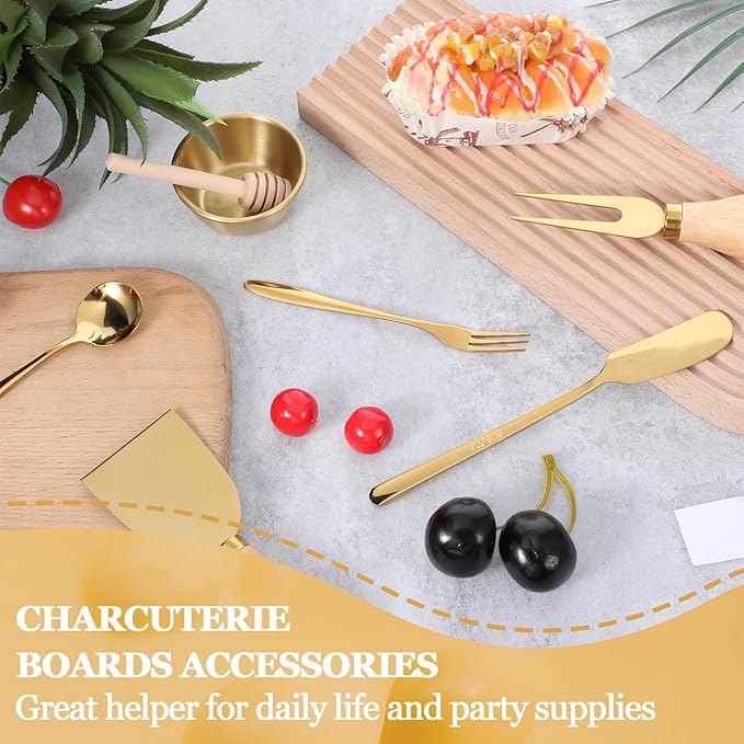 48Pcs Charcuterie Boards Accessories Gold Charcuterie Utensils Butter Spreader Knives Set Stainless Steel Cheese Mini Serving Tongs Spoons Forks Dipping Bowls Toothpick Flags Utensil for Pastry Making