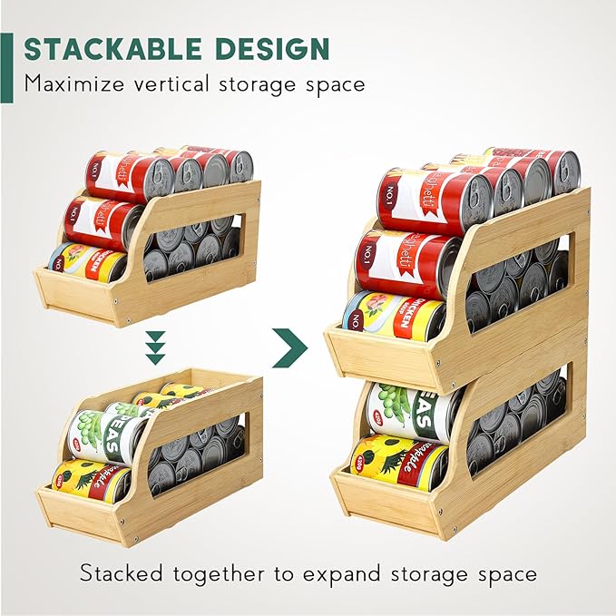 Bamboo Can Organizers and Storage for Pantry, Soda Can Organizer Beverage Drink Holders, Stackable Canned Goods Organizer Can Dispenser for Pantry, Kitchen, Cabinet (2 Pack)