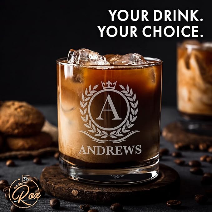 On The Rox Drinks Personalized Whiskey, Bourbon Monogram Glass Gifts - 11 oz Name Monogram Scotch Glass Set of 2 - Custom Cocktail, Rocks, Brandy Glasses