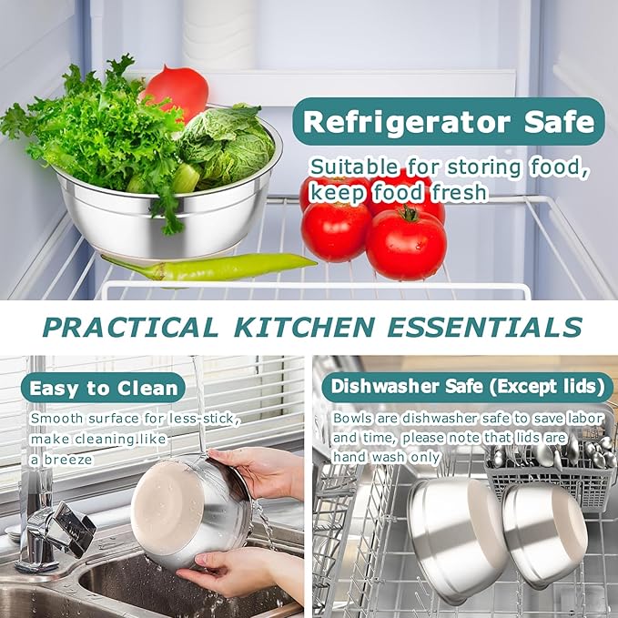 TeamFar Mixing Bowls, 5PCS Stainless Steel Nesting Salad Bowl with Lid & 3 Grater Attachments, for Prepping/Serving/Storing Food, Nontoxic, Airtight Lid & Non-slip Bottom - 4.6/3.5/2.5/1.5/1 QT