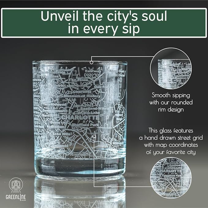 Greenline Goods Whiskey Glasses - 10 Oz Tumbler Set for Charlotte lovers, Etched with Charlotte City Map Old Fashioned Rocks Glass - Set of 2
