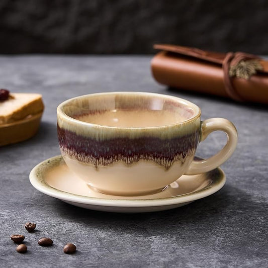 Vintage Design 12 oz Ceramic Latte Art Cappuccino Barista Cup with Saucer (Brown)