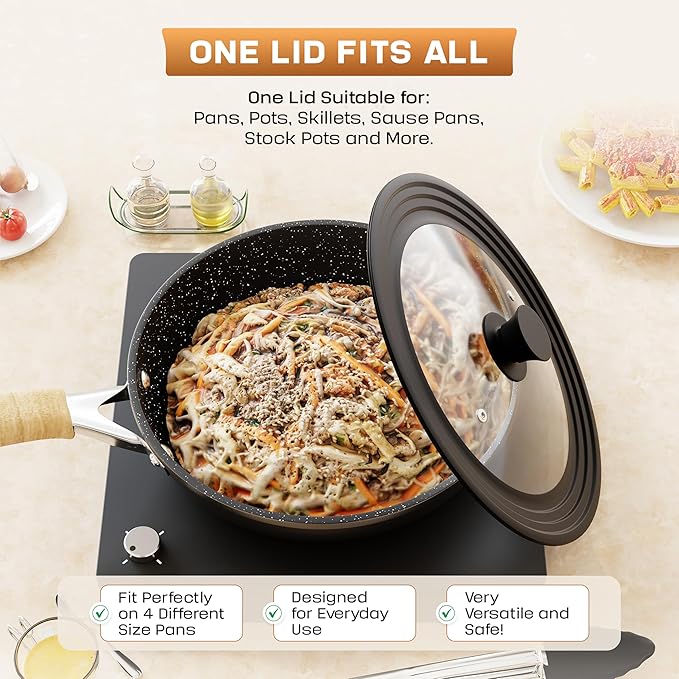 Universal Lid for Pots, Pans & Skillets Size 12", 12.5", 13", 13.5", 14" & 15" Cookwares -Tempered Glass with Silicon Rim-Black