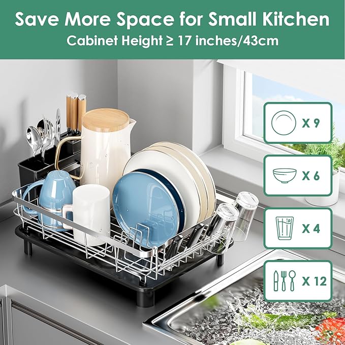 MOUKABAL Dish Drying Rack - Stainless Steel Dish Rack, Dish Racks for Kitchen Counter, Drying Rack Kitchen with Removable Utensil Holder, Drainboard and Glass Organizer (Black)