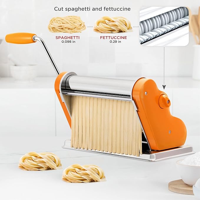 PASTALINDA Classic 260 Pasta Maker Machine, 26 cm Wide Rollers, 9 Thickness Positions, 2 Cutting Positions, Stainless Steel. Includes Reinforced Hand Crank And Two Clamps (Orange)