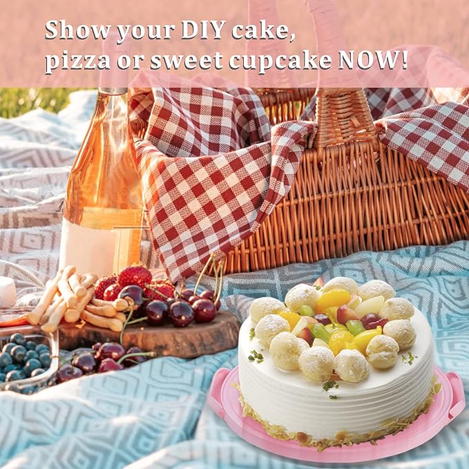 10in Plastic Cake Carrier with Handle, Round Cake Holder with Lid Pink Cake Container for 6in/8in/10in Cake(pink)