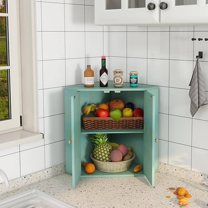 Corner Bread Box for Kitchen Counter Double Layer Bamboo Bread Storage Container Large Capacity Bread Storage Bin Farmhouse Breadbox Organizer (Antique Blue)