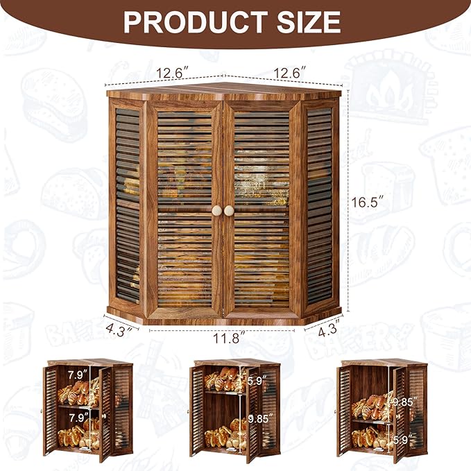 Acacia Corner Bread Box for Kitchen Countertop, Large Double Layer Wooden Bread Storage with Glass Doors