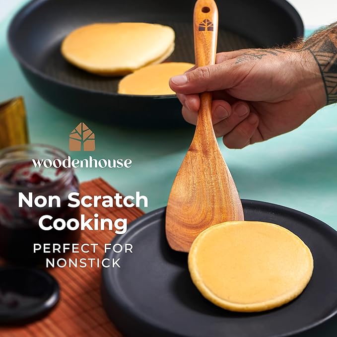 Wooden Spoons for Cooking – Wooden Cooking Utensils Set with Holder, Spoon Rest & Hooks, Teak Wood Nonstick Kitchen Cookware – Durable Set of 12pcs by Woodenhouse