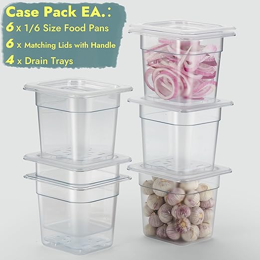 CURTA 6-Pack 1/6 Size 6" Deep NSF Polycarbonate Food Pans with Handled Lids & Drain Trays | Dishwasher & Freezer Safe Clear Container for Prep Tables, Buffet, Salad Bar, Commercial Kitchen