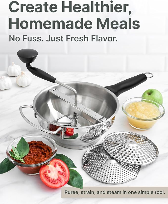 Stainless Steel Food Mill with Detachable Handles – Hand Crank Grinder for Baby Food, Tomato Sauce & Mashed Potatoes – Includes 3 Discs – Easy to Use & Clean – Great for Home Chefs, Parents & Canning