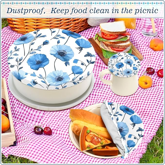 5 Pcs Bowl Covers Reusable in 5 Size Elastic Food Cover Cloth Lids Fresh Keeping Dish Cookware Bakeware Fabric Covers Lids for Food Leftovers Fruits Storage Blue Poppy Flowers and Branches