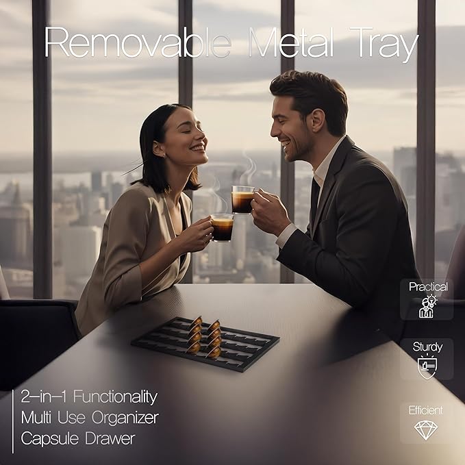 Coffee Pod Holder with Rail Drawer for Nespresso – 40 Pods Capacity for Nespresso Vertuoline & K-cups Capsule – Tempered Glass and Anti-Slip Base Metal Coffee Pods Organizer 16.14x11.81x3.94