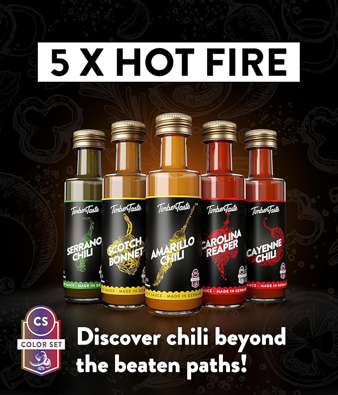 TIMBER TASTE® Color Hot Sauce Gift Set [5x1.35 oz] Hot Sauce Variety Pack - Spicy Condiment Set for Heat Lovers in Mini Bottles - Gourmet Spicy Food Gifts for Women & Men - Birthday Gifts for Men