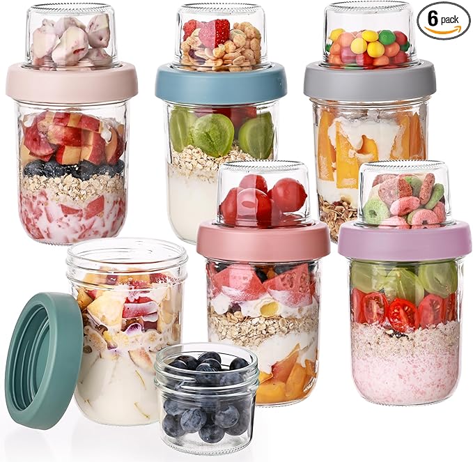 6 Pack Overnight Oats Containers with Lids, 16 OZ Dual Layer Yogurt Containers with Dry and Wet Separation, Airtight Leak Proof Oatmeal Jar for Chia Pudding, Breakfast, Cereal