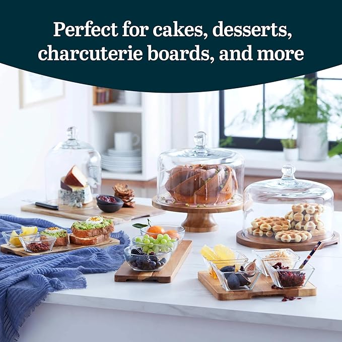 Libbey Acacia Wood Cake Stand with Dome Lid, Ball Top Handle Cake Holder with Lid, Covered Cake Stand, Durable Glass Dome Cover