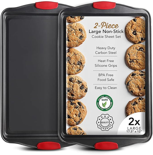 Baking Sheet Set, 2-Piece Large Cookie Sheet Set with Silicone Handles, Steel Baking Pan, Baking Sheets for Oven, BPA Free Nonstick Set, Half Sheet Pans, Black Baking Tray