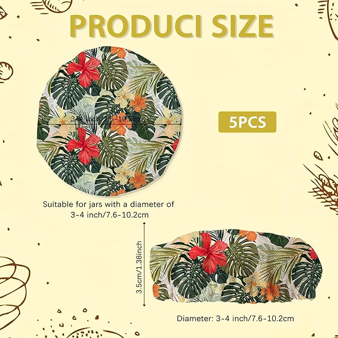 Sourdough Starter Jar Covers,5-Pack Reusable Tropical Plants and Hibiscus Flowers Cloth Lids for 3-4 Inch Jars,Ideal for Kombucha Kefir or Cheese Fermentation