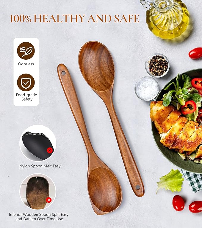 2Pcs Wooden Spoons for Cooking, Natural Premium Teak Wood Spoon & Corner Spoon, Good Grip Large Cooking Spoons Spatula, Heat Resistant Wooden Kitchen Cooking Utensils Set for Nonstick Cookware