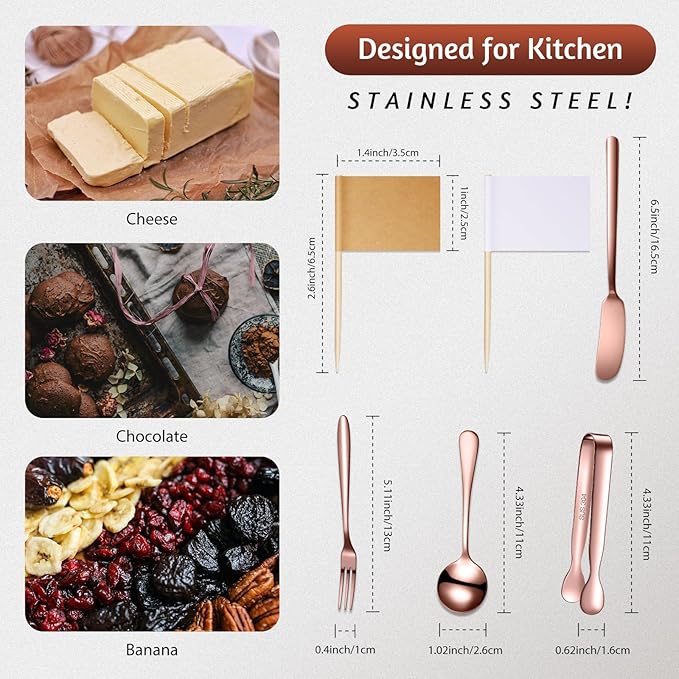 Patelai Cheese Butter Spreader Knives Set Charcuterie Accessories Stainless Steel Spreader Knives Charcuterie Boards Utensils Mini Serving Tongs Spoons and Forks for Appetizers Pastry(Rose Gold)