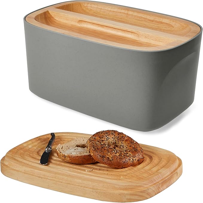 Sonder Los Angeles, Modern Bamboo Fiber and Recycled Plastic Bread Box (Charcoal) for Kitchen Countertop with Reversible Cutting Board Lid, Homemade Bread Bin Storage Container 14.25 x 9.25 x 7 in