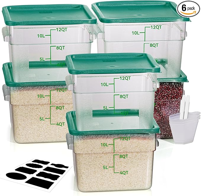 12QT NSF Food Storage Containers: 6PCS [Food Grade][Hot&Cold Resistant] Commercial Clear Food Storage Containers with Lids for Restaurant Kitchen Proof Dough, Measuring Spoons Included(GREEN)