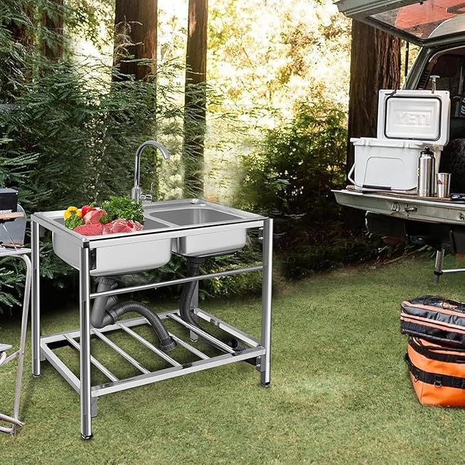 Commercial Stainless Steel Double Bowl Kitchen Sink, Outdoor Utility Sink with Hot and Cold Faucet, Free Standing Restaurant Sink for Restaurant, Kitchen, Laundry, Garage, Cafe, 31.5" x 16.9" x 29.5"