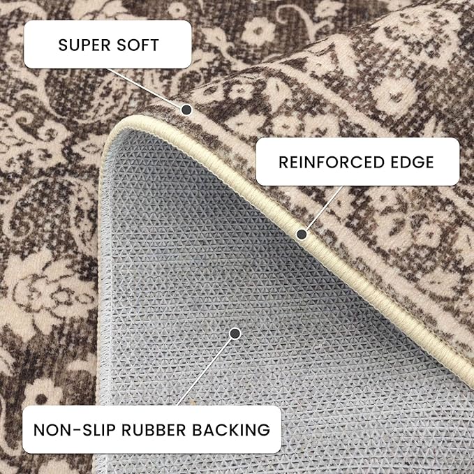 Vintage Washable 2x5 Rug Runner, Rust Brown Red Runners for hallways, Super Soft Kitchen Runner Rug Non Slip, Print Faux Wool Floral Thin Carpet Runner for Entryway Indoor Bedroom