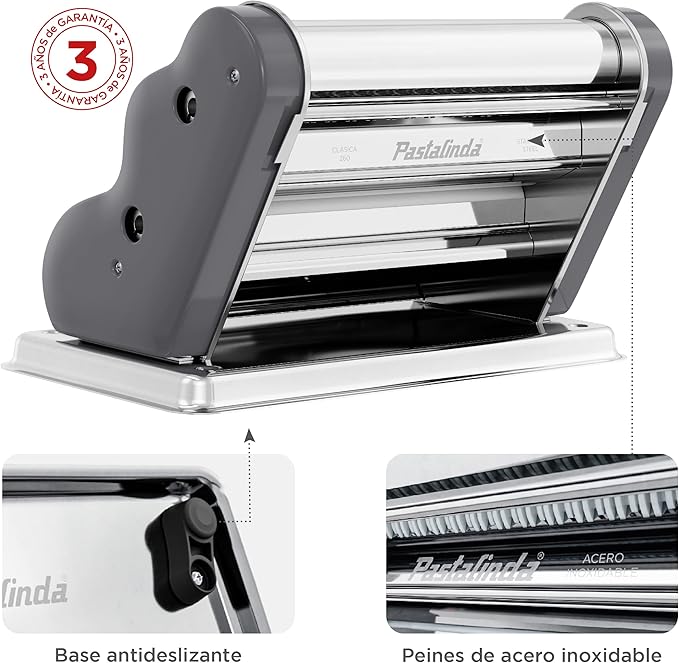 PASTALINDA Classic 260 Pasta Maker Machine, 26 cm Wide Rollers, 9 Thickness Positions, 2 Cutting Positions, Stainless Steel. Includes Reinforced Hand Crank And Two Clamps (Gray)