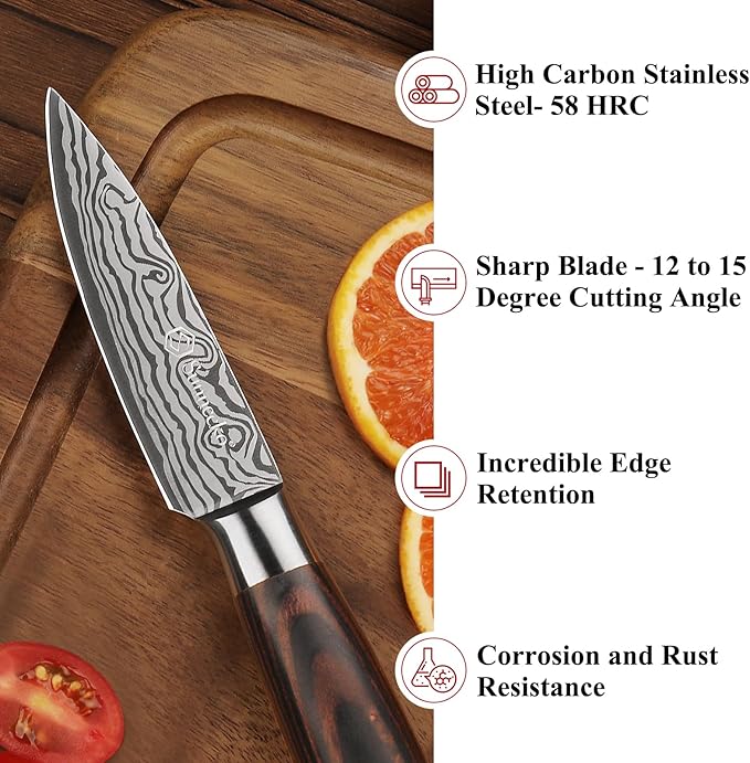 Sunnecko Small Kitchen Knife 3.5 Inch Paring Knife High Carbon Stainless Steel Fruit Knife with Wood Handle, Sharp Knife for Cutting Tomatoes with Gift Box