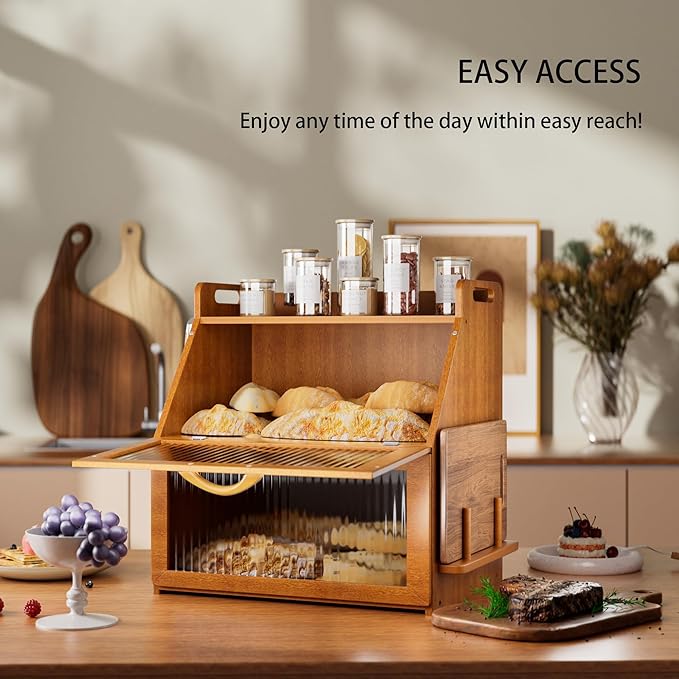 Bread Box for Kitchen Countertop, Large Bread Storage Container for Homemade Bread, Vintage Wooden Farmhouse Breadbox Organizers, Double Layer Bread Bin with Acrylic Window Bread Holder