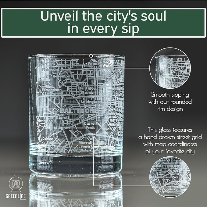 Greenline Goods Whiskey Glasses - 10 Oz Tumbler Set for Baltimore lovers, Etched with Baltimore City Map Old Fashioned Rocks Glass - Set of 2