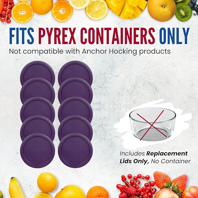 Replacement Lids for Pyrex 4-Cup Glass Food Storage Container Bowls, 6-Inch Plastic Round Lids Covers fits Pyrex 7201-PC, Airtight & Leakproof (10-Pack, Purple)