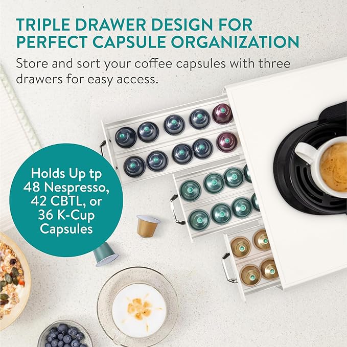 Navaris Coffee Capsule Triple Drawer - Coffee Pod Storage Drawer - Space-Saving Coffee Pods Organizer for Your Kitchen - Coffee Holder for Countertop - Fits Up to 48 Cups -Cream