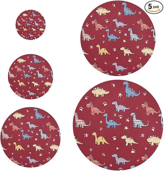 5 Pcs Bowl Covers Reusable in 5 Size Elastic Food Cover Cloth Lids Fresh Keeping Dish Cookware Bakeware Fabric Covers Lids for Food Leftovers Fruits Storage Red Dinosaur Stars and Paw Print