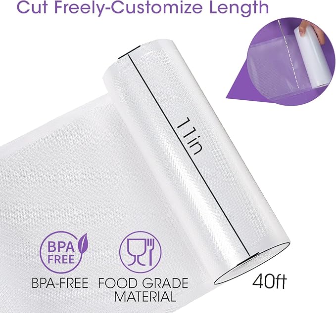 Vacuum Sealer Bags Rolls for Food, 3 Rolls 11" x 40' Commercial Grade BPA Free, Heavy Duty Puncture Prevention for Sous Vide, Meal Prep, Vac Storage with Freezer Use (Customized Size)