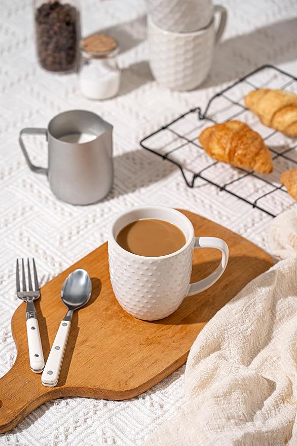 Coffee Mugs Set of 4, 12oz Ceramic Mug Set with Embossment, Stackable Mugs for Coffee/Tea/Latte/Cappuccino, Microwave & Dishwasher Safe, Gift for Men & Women