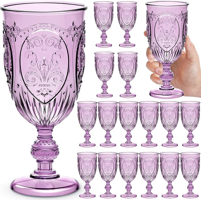 18 Pack Plastic Goblets 10oz Upgrade Vintage Water Goblet Plastic Wine Glasses Colored Retro Embossed Glassware for Party Wine Bar Juice Baby Shower Wedding Reception Grand (Purple)