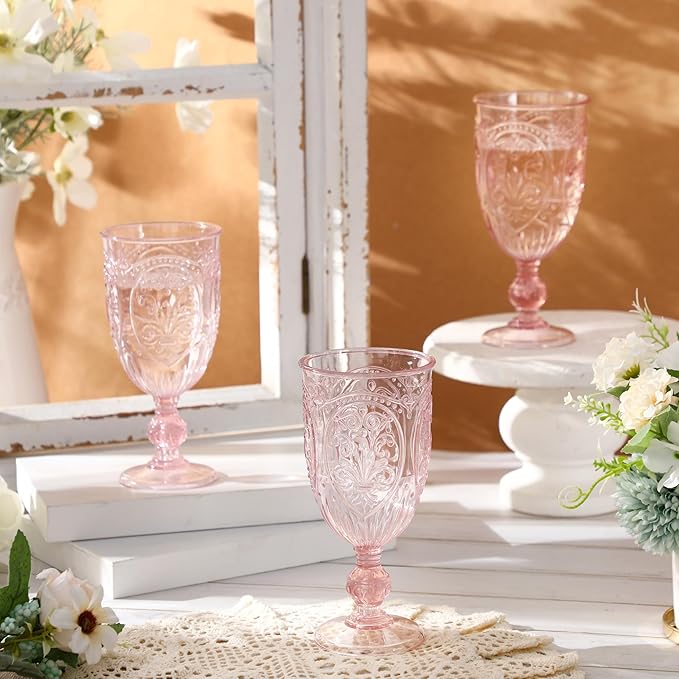 18 Pack Plastic Goblets 10oz Upgrade Vintage Water Goblet Plastic Wine Glasses Colored Retro Embossed Glassware for Party Wine Bar Juice Baby Shower Wedding Reception Grand (Pink)