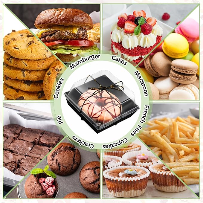 Ctosree 100 Pcs Paper Charcuterie Boxes with Clear Lids 4.5 Inches Disposable Cake Square Dessert Container Bakery Boxes Bundle with Rope for Food Cake Slice Cookie Sandwich Dessert(Black)