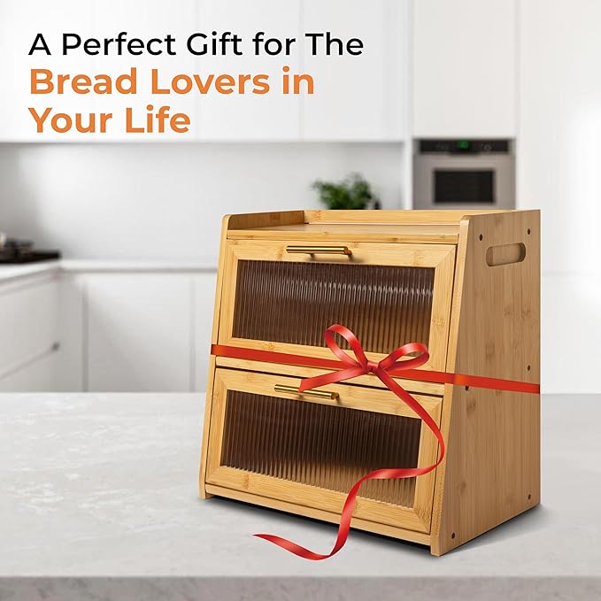 Bamboo Bread Box for Kitchen Countertop, Large Dual-Layer Breadbox Provides Double the Bread Storage Space, Holds Multiple Loaves, Durable & Beautiful with Frosted Acrylic Panels