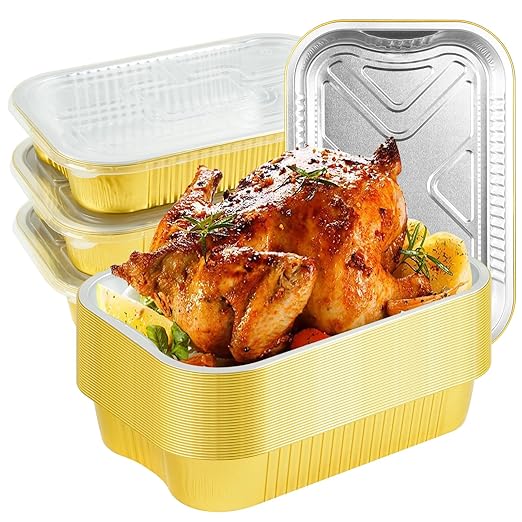 30 Pack Gold Aluminum Foil Pans with Lids 9x13, Extra Heavy Duty Aluminum Foil Baking Pans with Lids, Double Thick Half Size Tin Foil Food Container with Lids for Baking, Heating, Cooking