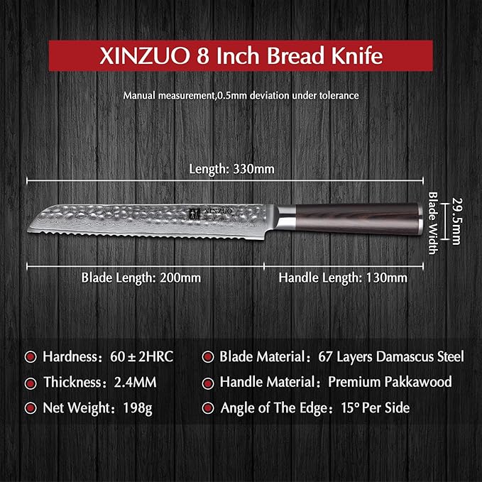 XINZUO 67 Layers Damascus Bread Slicing Knife, 8 Inch Serrated Bread Knife for Homemade Bread Sourdough,Razor Sharp,Dark Brown Pakkawood Handle