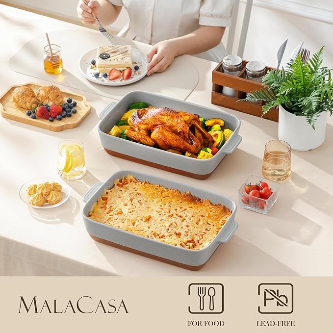 MALACASA Lasagne Dishes for Oven, 4.8 Qt Ceramic Oven Dish with Handles, 9 x 13 Inch Deep Rectangular Baking Dish Casserole Dishes, Grey Lasagna Pan Bakeware for Roasting, Series TARA