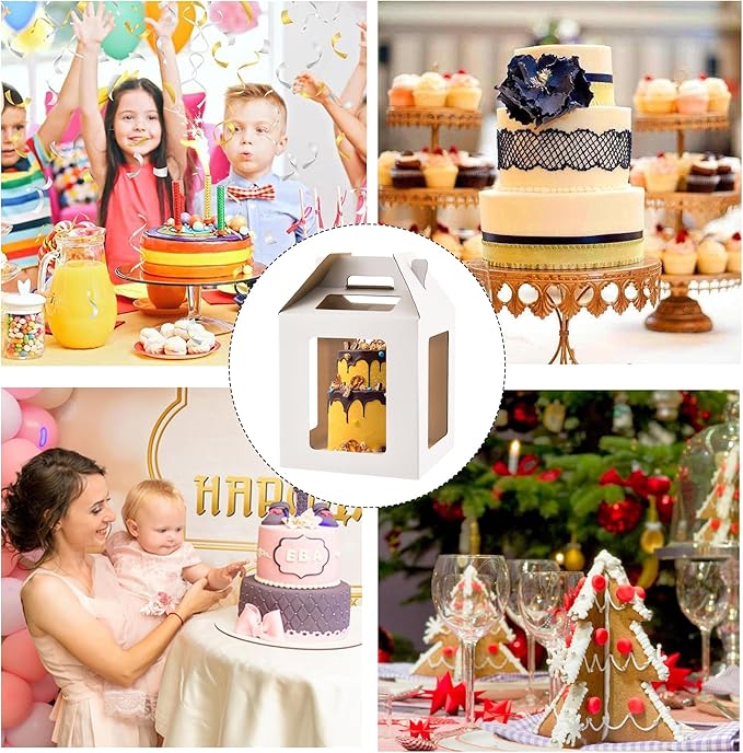 Tall Cake Boxes 6 Windows with handle,12x12x12 Tall Cake Carrier, Tiered Cake Box, Square cake box,largeTake Out Transport Containers Ideal for 10" & 12" Tiered Cakes (2Pack-White)