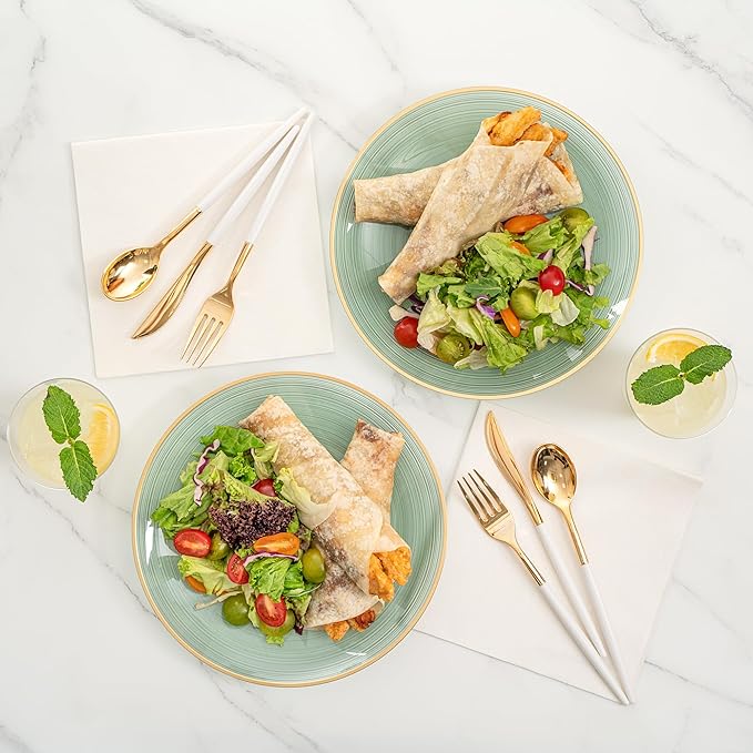 Restaurantware Plastic Plates 100 Pcs 10" Gold Rimmed Disposable Plates Heavy-Duty Green Translucent Rippled Plastic Dinner Servers for Party, Weddings, Salads, Desserts, and Appetizers