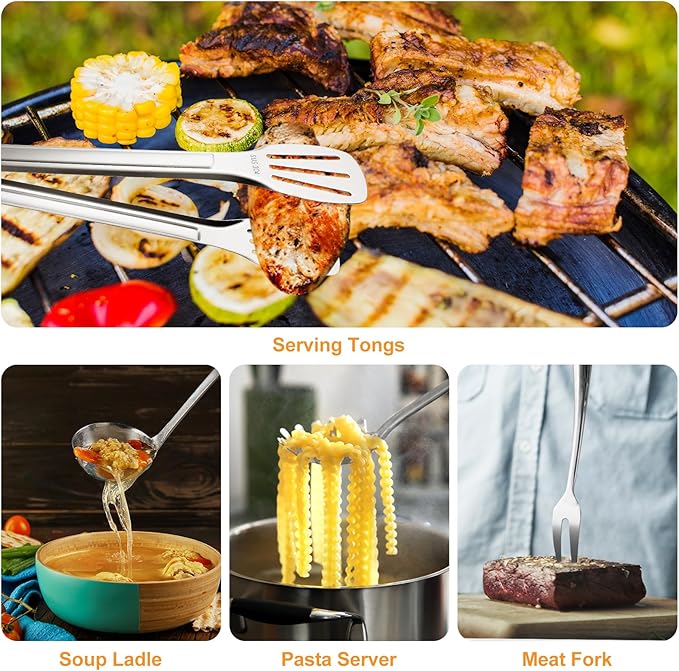 304 Stainless Steel Kitchen Utensils Set, 11 PCS Metal Cooking Utensils Set with Spatula, Spoon, Ladle, Skimmer, Turner, Pasta Server, Tongs