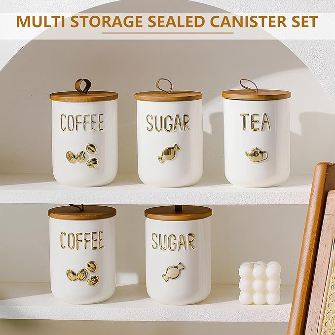 Comeon Ceramic Canister Set with Airtight Seal Bamboo Lid Silicone, 27oz Food Storage Jars for Coffee Sugar Tea, Container Set for Kitchen Pantry Counter Decor (Sugar)