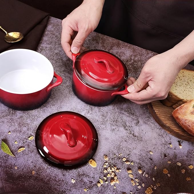 Ceramic Mini Cocotte Set, 17.7 Ounces Small Casserole Dishes with Lids and Handles, Individual Baking Ramekins, Oven, Microwave & Dishwasher Safe (Inner white outer gradient Red glaze)