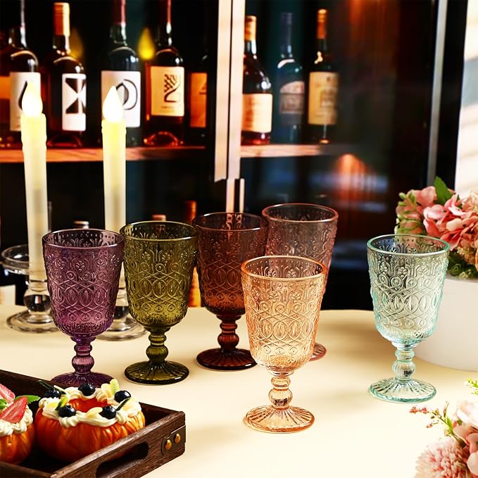 Eaasty Wine Glasses Set of 6 Vintage Goblet 9 oz Vintage Colored Glass Goblet Beverage Stemmed Glass Cups Romantic Embossed Glassware for Wedding Party Holidays Anniversary (Multi Colors)